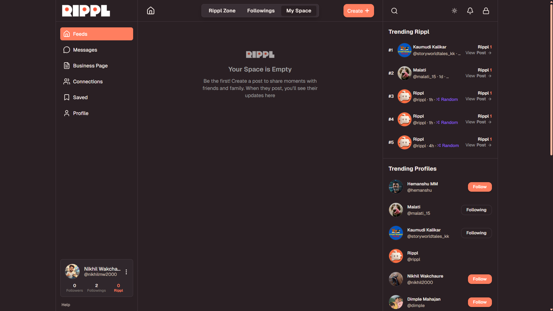 My Space Feed view - Desktop View